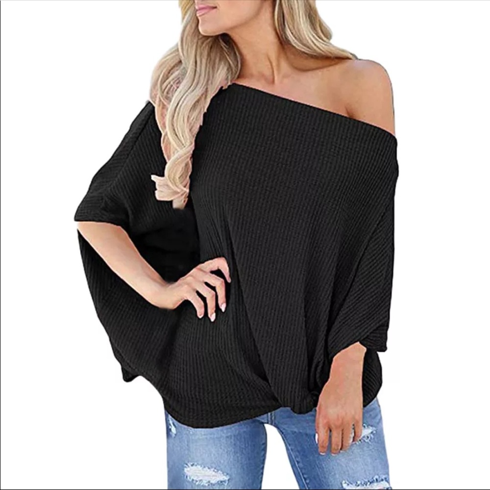 New! Off Shoulder Waffle Knit Thermal Twist Top - Picture 4 of 8